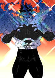 Rule 34 | 1boy, alternate design, alternate eye color, bara, blue fire, bodysuit, boku no hero academia, covered abs, endeavor (boku no hero academia), feet out of frame, fire, glowing, glowing eyes, large pectorals, mabataki, male focus, muscular, open clothes, open shirt, pants, pectorals, red eyes, short hair, skin tight, solo, tight clothes, undressing