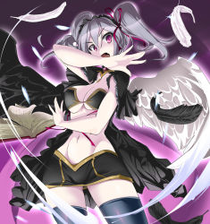 Rule 34 | 10s, 1girl, angel wings, asymmetrical wings, bad id, bad pixiv id, black thighhighs, black wings, book, breasts, cleavage, fang, feathers, grey hair, hair ribbon, idolmaster, idolmaster cinderella girls, kanzaki ranko, long hair, magic, midriff, momio, navel, open mouth, purple eyes, ribbon, solo, thighhighs, twintails, white wings, wings