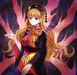 Rule 34 | 1girl, black dress, blonde hair, blood, chinese clothes, dress, frog, gradient background, hat, junko (touhou), kaede (mmkeyy), long hair, long sleeves, looking at viewer, red eyes, smile, solo, tabard, touhou, wide sleeves