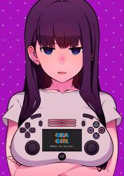 Rule 34 | 1girl, absurdres, black hair, blue eyes, breasts, cleavage cutout, clothing cutout, crossed arms, highres, large breasts, long hair, looking at viewer, miyoshi yoshimi, open mouth, original, patterned background, print shirt, purple background, shadow, shirt, short sleeves, solo, white shirt
