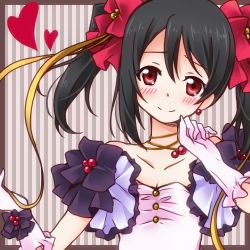 Rule 34 | 10s, 1girl, bare shoulders, black hair, blush, border, collarbone, flat chest, gloves, hair ribbon, heart, looking at viewer, love live!, love live! school idol project, lowres, nora-toro, pink gloves, red eyes, ribbon, smile, solo, striped, striped background, twintails, upper body, vertical stripes, yazawa nico