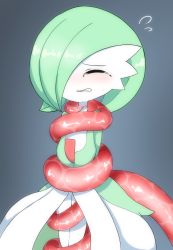 Rule 34 | 1girl, ^ ^, arms at sides, blush, bob cut, clenched teeth, closed eyes, colored skin, constriction, creatures (company), female focus, flat chest, flying sweatdrops, game freak, gardevoir, gen 3 pokemon, gradient background, green hair, green skin, grey background, hair over one eye, highres, legs together, multicolored skin, nintendo, nose blush, one eye covered, pokemon, pokemon (creature), restrained, rxq, short hair, simple background, solo, standing, sweat, tears, teeth, tentacles, two-tone skin, white skin