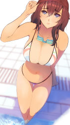 Rule 34 | 1girl, absurdres, bad id, bad pixiv id, bikini, blue eyes, blush, breasts, brown hair, chikushi nitouhei, cleavage, covered erect nipples, goggles, highres, large breasts, lips, looking at viewer, multicolored bikini, multicolored clothes, navel, original, solo, swim cap, swimsuit, wading pool, water, wet