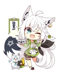 Rule 34 | 1girl, 7:08, ahoge, animal ear fluff, animal ears, apron, braid, chibi, commentary request, earrings, fang, fox ears, fox girl, fox shadow puppet, fox tail, green eyes, hair between eyes, highres, holding, holding plate, hololive, jewelry, leg up, long hair, looking at viewer, one eye closed, open mouth, pentagram, plate, shirakami fubuki, sidelocks, simple background, single braid, sukonbu (shirakami fubuki), tail, virtual youtuber, white background, white hair