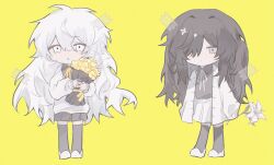 Rule 34 | 2girls, black hair, black shirt, black skirt, black thighhighs, blush, bouquet, cardigan, charlotte wiltshire, chibi, closed mouth, flower, full body, grey cardigan, grey ribbon, hair over one eye, hello charlotte, henrietta warhol, highres, holding, holding bouquet, loafers, long sleeves, monaka78289685, multiple girls, neck ribbon, one eye covered, open mouth, ribbon, shirt, shoes, skirt, sweater, thighhighs, white eyes, white hair, white shirt, white skirt, white sweater, yellow background, yellow flower, yellow ribbon