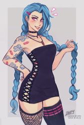 Rule 34 | 1girl, aqua hair, asymmetrical legwear, black dress, black thighhighs, blush, braid, breasts, choker, dress, ear piercing, eyebrow piercing, fishnet thighhighs, fishnets, grey background, hand on own hip, hand up, iahfy, jewelry, jinx (league of legends), league of legends, long hair, looking at viewer, necklace, piercing, pink eyes, signature, simple background, small breasts, smile, solo, strapless, strapless dress, tattoo, thighhighs, tongue, tongue out, twin braids, uneven legwear, very long hair