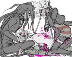 Rule 34 | 10s, 3boys, arched back, bandages, blood, blood on face, chain, closed eyes, covered mouth, cuts, danganronpa (series), danganronpa 2: goodbye despair, danganronpa another episode: ultra despair girls, dual persona, formal, guro, hands on another&#039;s face, impaled, injury, kamukura izuru, komaeda nagito, long hair, looking at another, male focus, messy hair, monochrome, multiple boys, necktie, off shoulder, pink blood, red eyes, ripped jeans, rope, servant (danganronpa), sexually suggestive, spoilers, spot color, straddling, suit, torn clothes, very long hair, white background, yandr4hope