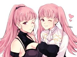 Rule 34 | 1girl, age comparison, bad id, bad twitter id, breasts, cleavage, closed mouth, earrings, female focus, fire emblem, fire emblem: three houses, garreg mach monastery uniform, heart, hilda valentine goneril, jewelry, large breasts, long hair, matching hair/eyes, multiple views, naho (pi988y), nintendo, one eye closed, pink eyes, pink hair, ponytail, simple background, smile, twintails, twitter username, uniform, upper body, white background, wink