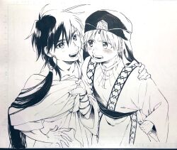 Rule 34 | 2boys, arm around neck, buttons, commentary request, cowboy shot, earrings, fingernails, freckles, front-tie top, greyscale, hair flowing over, hand on another&#039;s shoulder, hand on own hip, hat, highres, hoop earrings, ja&#039;far (magi), jewelry, light blush, long hair, long sleeves, looking at another, looking at viewer, low ponytail, magi the labyrinth of magic, male focus, monochrome, multiple boys, no+bi=, open mouth, photo (medium), robe, shirt grab, sinbad (magi), smile, teeth, thick eyebrows, traditional media, wide sleeves