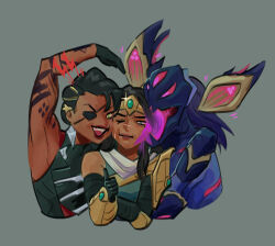 Rule 34 | 3girls, abs, amputee, andrea salonga, annoyed, arm tattoo, black gloves, black hair, bodysuit, chibi, closed mouth, colored tongue, detached wings, earrings, eyepatch, gloves, green eyes, grey background, hair ornament, hug, jewelry, kai&#039;sa, league of legends, looking at viewer, multiple girls, one eye closed, open mouth, purple hair, purple tongue, samira, scarf, simple background, sivir, smile, tan, tattoo, tongue, tongue out, upper body, white scarf, wings