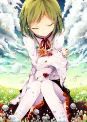 Rule 34 | 1girl, bad id, bad pixiv id, cloud, closed eyes, flower, green hair, highres, kagerou project, kido tsubomi, nyowaa417, sky, solo, thighhighs, aged down