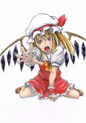 Rule 34 | 1girl, alternate wing color, blonde hair, crying, crying with eyes open, crystal, flandre scarlet, frilled skirt, frills, hat, highres, koji (koji-a), mob cap, open mouth, red eyes, shirt, short hair, side ponytail, sitting, skirt, solo, tears, touhou, vest, wariza, wings