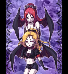 Rule 34 | 2girls, bike shorts, blonde hair, breasts, castlevania (series), castlevania: symphony of the night, chibi, cleavage, dark persona, demon girl, maria renard, multiple girls, red hair, shorts, succubus (castlevania), transformation, wings