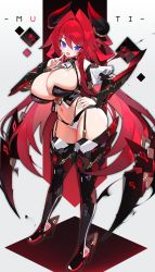 Rule 34 | 1girl, armor, borrowed character, breasts, cleavage, curvy, demon horns, detached sleeves, faux figurine, full body, garter straps, highres, horns, huge breasts, long hair, looking at viewer, mamuru, mecha musume, navel, open mouth, original, purple eyes, red hair, slit pupils, smile, solo, standing, thick thighs, thighhighs, thighs, undersized breast cup, white background, wide hips