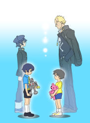 Rule 34 | 2boys, 2girls, age comparison, age difference, androgynous, atlus, black hair, blonde hair, blue hair, blush, dual persona, height difference, looking at another, multiple boys, multiple girls, nika (nikasa an), persona, persona 4, reverse trap, school uniform, shirogane naoto, short hair, standing, tatsumi kanji, aged down