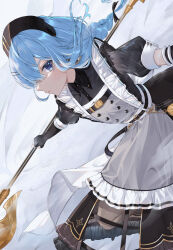 Rule 34 | 1girl, absurdres, apron, black dress, black gloves, blue eyes, blue hair, braid, buttons, collared dress, crinoline, double-breasted, dress, elbow gloves, fingerless gloves, flat chest, frilled apron, frills, gloves, grey apron, hat, highres, hololive, hoshimachi suisei, hoshimachi suisei (maid), long hair, maid, nurse cap, official alternate costume, puffy short sleeves, puffy sleeves, runlan 0329, short sleeves, side slit, single braid, star (symbol), star in eye, symbol in eye, virtual youtuber