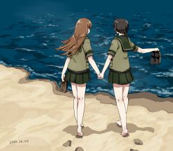 Rule 34 | 10s, 2015, 2girls, any (lucky denver mint), beach, black hair, brown hair, dated, female focus, footprints, holding hands, holding, holding shoes, kantai collection, kitakami (kancolle), multiple girls, ocean, ooi (kancolle), shoes, unworn shoes, skirt, walking, water, yuri