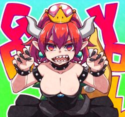 Rule 34 | 1girl, alternate eye color, alternate hair color, armlet, text background, bare arms, bare shoulders, black collar, black dress, black nails, blue gemstone, blush, borrowed design, bowsette, bracelet, breasts, brooch, claw pose, cleavage, collar, collarbone, commentary request, constricted pupils, crown, dress, earrings, eyelashes, eyes visible through hair, fingernails, forked eyebrows, gem, green background, grey horns, hands up, high ponytail, highres, horns, jewelry, large breasts, light blush, long fingernails, long hair, looking at viewer, mario (series), nail polish, new super mario bros. u deluxe, nintendo, open mouth, outline, parted bangs, pointy ears, princess, red eyes, red hair, rom (kochirasama), sharp fingernails, sharp teeth, solo, spiked armlet, spiked bracelet, spiked collar, spiked shell, spiked tail, spikes, strapless, strapless dress, super crown, tail, tail raised, teeth, thick eyebrows, tsurime, turtle shell, upper body, very long fingernails, white outline