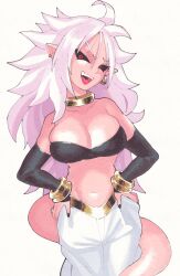 Rule 34 | 1girl, android 21, bare shoulders, black sclera, breasts, colored sclera, colored skin, detached sleeves, dragon ball, dragon ball fighterz, earrings, harem pants, highres, hoop earrings, inkerton-kun, jewelry, large breasts, long hair, looking at viewer, majin android 21, midriff, navel, open mouth, pants, pink skin, pointy ears, red eyes, simple background, solo, spiked hair, strapless, tail, teeth, tube top, upper body, upper teeth only, white background, white hair