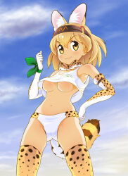 Rule 34 | 1girl, :3, animal ears, black headband, blue sky, bow, bowtie, breasts, cat ears, cat tail, clenched hand, cloud, commentary request, day, elbow gloves, gloves, green ribbon, hair between eyes, hand on own hip, headband, highres, kemono friends, light blush, looking at viewer, medium breasts, midriff, navel, outdoors, panties, pikuseru, ribbon, serval (kemono friends), serval print, short hair, skindentation, sky, solo, tail, tank top, thighhighs, thumbs up, underboob, underwear, v-shaped eyebrows, white panties, white tank top, wrist ribbon, yellow eyes