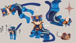 Rule 34 | 1boy, 3suisousui, :3, animal ears, animal hands, cat boy, cat ears, cat tail, commentary, grey background, highres, hissing, kemonomimi mode, male focus, mega man (series), mega man battle network (series), megaman.exe, mouse (animal), multiple views, open mouth, paw pose, pawpads, sparkle, sweatdrop, symbol-only commentary, tail, translation request, whiskers