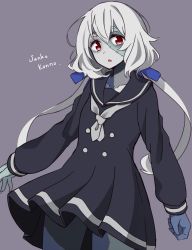 Rule 34 | 10s, 1girl, absurdres, black dress, black sailor collar, blue ribbon, brown background, character name, collarbone, commentary request, dress, grey hair, grey neckerchief, hair between eyes, hair ribbon, highres, kapatarou, konno junko, long hair, long sleeves, looking at viewer, low twintails, neckerchief, pantyhose, parted lips, pleated dress, red eyes, ribbon, sailor collar, sailor dress, simple background, solo, stitched face, stitched leg, stitched torso, stitches, twintails, very long hair, zombie, zombie land saga