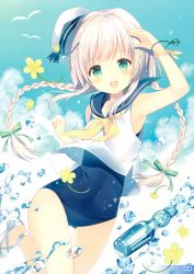 Rule 34 | 1girl, :d, absurdres, anchor symbol, arm up, armpits, artist name, bird, bow, bracelet, braid, day, eyebrows, flower, green bow, green eyes, green ribbon, hair flower, hair ornament, hair ribbon, hairclip, highres, jewelry, long hair, looking at viewer, old school swimsuit, one-piece swimsuit, open mouth, original, ramune, ribbon, school swimsuit, school uniform, seagull, serafuku, shirt, silver hair, sky, smile, solo, swimsuit, twin braids, wasabi (artist), wasabi (sekai), white shirt, wide hips, x hair ornament, yellow flower