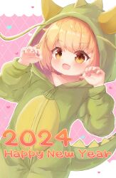 Rule 34 | 1girl, 2024, absurdres, animal costume, bemani, brown eyes, butterfly cat, chrocatz, claw pose, commentary request, cosplay, cowboy shot, dragon costume, dutch angle, fang, happy new year, highres, hina (butterfly cat), hood, hood up, kigurumi, looking at viewer, new year, open mouth, orange hair, short hair, skin fang, solo, sound voltex
