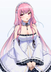 Rule 34 | 1girl, absurdres, azur lane, breasts, cleavage, cowboy shot, detached collar, detached sleeves, dress, frilled dress, frilled hairband, frills, hairband, highres, large breasts, long sleeves, looking at viewer, perseus (azur lane), ping zhong yu, pink eyes, pink hair, simple background, solo, white background, white dress, wing collar