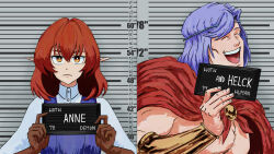 Rule 34 | 1boy, 1girl, :d, barbie mugshot (meme), blouse, bright pupils, brown gloves, cape, character name, dress, english text, eyebrows hidden by hair, gloves, height, height mark, helck, helck (character), highres, holding, holding sign, ibumuc, medium hair, meme, mugshot, no shirt, open mouth, pinafore dress, pointy ears, purple dress, purple hair, red cape, red hair, sanpaku, shirt, sign, sleeveless, sleeveless dress, smile, upper body, vermilio (helck), white pupils, white shirt, yellow eyes