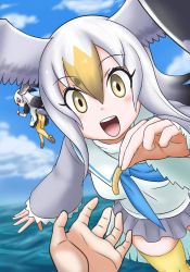 Rule 34 | 2girls, adansosutega, bird girl, bird tail, bird wings, black-tailed gull (kemono friends), black hair, blonde hair, blue neckerchief, blush, commentary request, common gull (kemono friends), dress, flying, food, french fries, frilled dress, frilled sleeves, frills, grey skirt, grey sleeves, hair between eyes, head wings, highres, kemono friends, long hair, long sleeves, looking at viewer, multicolored hair, multiple girls, neckerchief, open mouth, pantyhose, pleated skirt, pov, puffy short sleeves, puffy sleeves, sailor collar, shirt, short sleeves, skirt, smile, tail, thighhighs, white dress, white hair, white shirt, wings, yellow eyes, yellow pantyhose, yellow thighhighs, zettai ryouiki