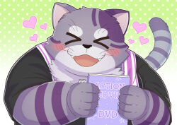 Rule 34 | &gt;o&lt;, 1boy, absurdres, animal ears, bara, black shirt, blush, bygul (live a hero), cat ears, cat tail, dvd case, fat, fat man, furry, furry male, gradient background, grey fur, heart, highres, holding, live a hero, male focus, mau posono, polka dot, polka dot background, shirt, short sleeves, solo, star (symbol), tail, two-tone fur, upper body, whiskers