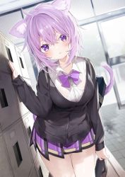 Rule 34 | 1girl, animal ear fluff, animal ears, black cardigan, blush, bow, breasts, brown footwear, cardigan, cat ears, cat girl, cat tail, collared shirt, commentary request, dress shirt, getabako, hair between eyes, hand up, highres, holding, holding shoes, hololive, indoors, kamioka shun&#039;ya, long sleeves, looking at viewer, medium breasts, nekomata okayu, parted lips, pink hair, pleated skirt, purple bow, purple eyes, purple skirt, school uniform, see-through, shirt, shoes, unworn shoes, skirt, sleeves past wrists, solo, tail, virtual youtuber, wet, wet clothes, wet shirt, white shirt