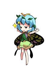 Rule 34 | 1girl, antennae, aqua hair, barefoot, brown eyes, butterfly wings, chibi, dairi, dress, eternity larva, fairy, full body, green dress, hair between eyes, insect wings, leaf, leaf on head, multicolored clothes, multicolored dress, open mouth, short hair, short sleeves, single strap, smug, solo, sparkle, spread legs, standing, tachi-e, touhou, transparent background, wings