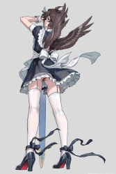 Rule 34 | 1boy, alternate costume, apron, back cutout, black shirt, brown hair, brown wings, clothing cutout, crossdressing, dress, feathered wings, frills, granblue fantasy, grey background, high heels, highres, holding, holding sword, holding weapon, long sleeves, maid, maid apron, male focus, red eyes, ribbon, sandalphon (granblue fantasy), shadow, sheath, sheathed, shirt, simple background, sword, tekki (tki), thighhighs, weapon, wings