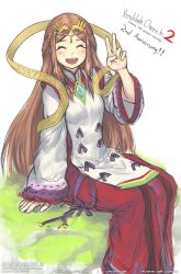 Rule 34 | 1girl, :d, blush, breasts, brown hair, chest jewel, circlet, closed eyes, fan la norne, feet out of frame, gofelem, long hair, long sleeves, medium breasts, open mouth, sitting, sketch, smile, solo, tabard, teeth, upper teeth only, v, xenoblade chronicles (series), xenoblade chronicles 2, xenoblade chronicles 2: torna - the golden country