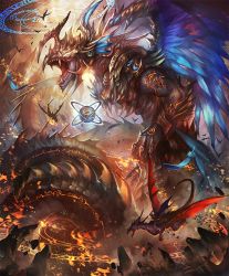 Rule 34 | 10s, armor, army, artist request, claws, cliff, cygames, destruction, dragon, dragon riding, dragon wings, fangs, feathered wings, feathers, horns, magic circle, official art, open mouth, orb, ouroboros (shadowverse), scales, shadowverse, shingeki no bahamut, single horn, wings