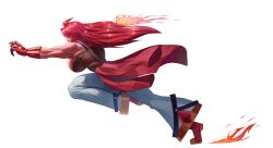 Rule 34 | 1girl, baggy pants, blue pants, breasts, fire, gloves, highres, mr cheesedong, muscular, muscular female, muscular male, original, pants, red gloves, red hair, running, tagme
