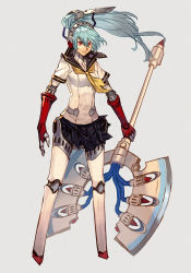 Rule 34 | 1girl, android, axe, black sailor collar, black skirt, blue hair, full body, grey background, hair ornament, holding, holding axe, holding weapon, hungry clicker, joints, labrys (persona), long hair, looking away, miniskirt, neckerchief, persona, persona 4, persona 4: the ultimate in mayonaka arena, pleated skirt, ponytail, red eyes, robot, robot ears, robot joints, sailor collar, school uniform, serafuku, simple background, skirt, solo, uniform, very long hair, weapon, yasogami school uniform, yellow neckerchief