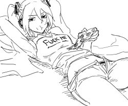 Rule 34 | 1girl, :t, armpits, bad id, bb (baalbuddy), breasts, clothes writing, denim, eating, english text, food, fuck-me shirt, fuck-me t-shirt, greyscale, hair ornament, hatsune miku, headphones, inactive account, jeans, lying, meme attire, midriff, monochrome, navel, on back, open fly, panties, pants, pillow, pizza, profanity, sketch, sleeveless, small breasts, solo, twintails, underwear, unzipped, vocaloid