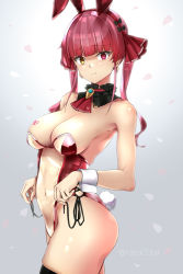 Rule 34 | 1girl, animal ears, bad id, bad twitter id, bare shoulders, bow, breasts, cleavage, covered navel, earrings, fake animal ears, fake tail, hair bow, hair ribbon, heart, heart earrings, heterochromia, highres, hololive, houshou marine, jewelry, leotard, long hair, meme attire, navel, playboy bunny, rabbit ears, rabbit tail, rapapa, red eyes, red hair, red ribbon, ribbon, see-through, see-through leotard, simple background, skindentation, solo, strapless, strapless leotard, tail, translucent bunnysuit, twintails, virtual youtuber, yellow eyes