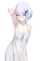 Rule 34 | 1girl, absurdres, arm behind head, arm up, armpits, bare shoulders, blunt bangs, blush, dress, hair ornament, hairclip, highres, lize helesta, maao you you, multicolored hair, nijisanji, simple background, sleeveless, sleeveless dress, solo, sundress, two-tone hair, virtual youtuber, white dress