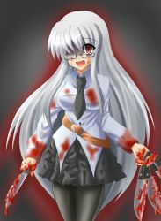 Rule 34 | 1girl, bad id, bad pixiv id, banemumu, belt, black pantyhose, blood, blood on face, breasts, crazy eyes, female focus, frilled skirt, frills, glasses, gradient background, highres, knife, long hair, medium breasts, necktie, original, pantyhose, red eyes, silver hair, simple background, skirt, smile, solo, thighhighs, very long hair, weapon, yandere