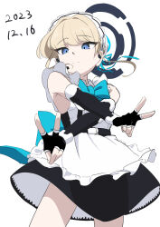Rule 34 | 1girl, apron, back bow, black dress, blonde hair, blue archive, blue bow, blue eyes, bow, bowtie, crossed arms, double v, dress, expressionless, fingerless gloves, gloves, halo, headset, highres, looking at viewer, maid, maid apron, maid headdress, papiyon1297, simple background, solo, toki (blue archive), upper body, v, white background