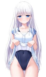 Rule 34 | 1girl, absurdres, black one-piece swimsuit, blue eyes, blunt ends, clothes lift, collarbone, competition swimsuit, covered navel, cowboy shot, dress, dress lift, highleg, highleg swimsuit, highres, lifted by self, long hair, naruse shiroha, ncontrail (mgax7527), one-piece swimsuit, simple background, solo, summer pockets, swimsuit, swimsuit under clothes, thigh gap, white background, white dress, white hair