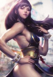 Rule 34 | 1girl, alternate costume, alternate hairstyle, black dress, black nails, blurry, blurry background, bracelet, braid, breasts, brown hair, capcom, china dress, chinese clothes, chun-li, dress, eyesahdow, from side, hand on own hip, highres, jewelry, long hair, looking at viewer, looking to the side, maedeup, makeup, medium breasts, nail polish, no bra, parted lips, revealing clothes, side braid, sketch, sleeveless, spiked bracelet, spikes, stanley lau, street fighter, street fighter v, twin braids