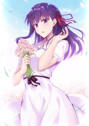 Rule 34 | 1girl, absurdres, black flower, breasts, collarbone, commentary request, cowboy shot, day, dress, fate/stay night, fate (series), flower, gu li, hair ribbon, highres, holding, holding flower, large breasts, long hair, looking at viewer, matou sakura, official alternate costume, outdoors, parted lips, purple eyes, purple hair, ribbon, short sleeves, solo, standing, white dress
