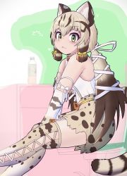 Rule 34 | 1girl, :3, absurdres, animal ears, animal print, bare shoulders, blonde hair, blush, brown hair, cat ears, cat girl, cat print, cat tail, detached sleeves, extra ears, geoffroy&#039;s cat (kemono friends), green eyes, high-waist skirt, highres, kemono friends, kemono friends v project, looking at viewer, morrowine, multicolored hair, pleated skirt, print skirt, print sleeves, print thighhighs, shirt, skirt, solo, tail, thighhighs, twintails, virtual youtuber, white shirt, zettai ryouiki