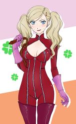 Rule 34 | 10s, 1girl, anzu komaki, arm up, blonde hair, blue eyes, blush, bodysuit, boots, breasts, breasts apart, cameltoe, cleavage, cleavage cutout, clothing cutout, embarrassed, facing viewer, gloves, hair ornament, hairclip, hand up, happy, holding, holding whip, komaki anzu, large breasts, lipstick, long hair, looking at viewer, makeup, no mask, okiyumi kase, parted lips, persona, persona 5, pink gloves, platinum blonde hair, skin tight, solo, standing, sweat, takamaki anne, thigh boots, thighhighs, tongue, twintails, weapon, whip, zipper