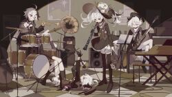 Rule 34 | 4girls, ahoge, bass clef, bass guitar, black dress, black gloves, black hair, black headwear, black jacket, black shorts, black thighhighs, blue eyes, blue flower, boots, bow (music), cable, cello, cevio, ci flower, clarinet, closed mouth, cross-laced footwear, crossed legs, cymbals, dot mouth, dress, drum, drum set, eight-b, expressionless, flower, flower (gynoid talk), flower (vocaloid), flower (vocaloid3), flower (vocaloid4), gloves, guitar, gynoid talk, highres, holding, holding instrument, indoors, instrument, jacket, keyboard (instrument), knee boots, lace-up boots, leaning forward, long hair, looking at another, looking down, lying, microphone, microphone stand, multicolored hair, multiple girls, multiple persona, music, muted color, notice, on back, on ground, phonograph, playing instrument, poster (object), purple eyes, red ribbon, ribbon, short hair, shorts, sidelocks, sitting, speaker, standing, streaked hair, thighhighs, tile floor, tiles, trumpet, vocaloid, white hair, white headwear